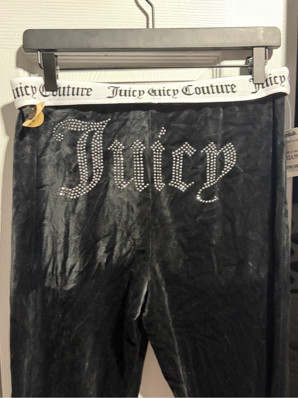 Juicy Couture Black Velour Rhinestone Logo Lounge Pants with White Waistband